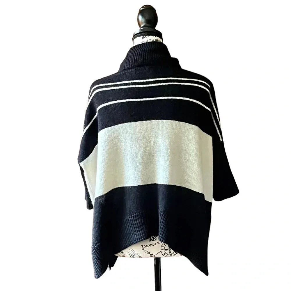 Aqua Black White Striped Poncho Sweater XS | Nautical Preppy Coastal Boho Cowl - Image 5