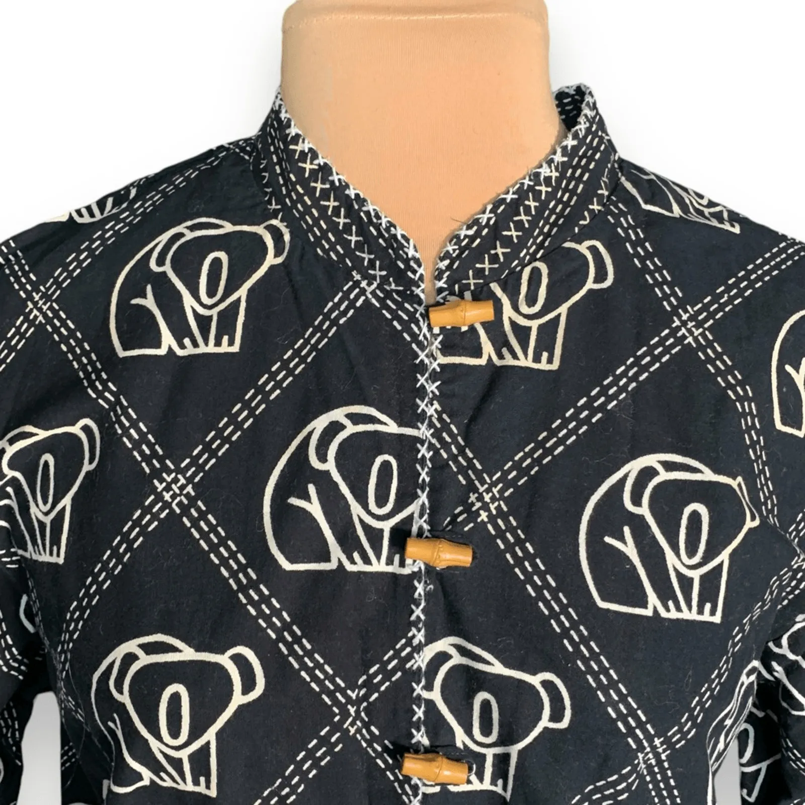 Vintage Orvis Black Cotton Jacket Koala Print Wooden Toggle Boho Folk Art Medium - Image 2