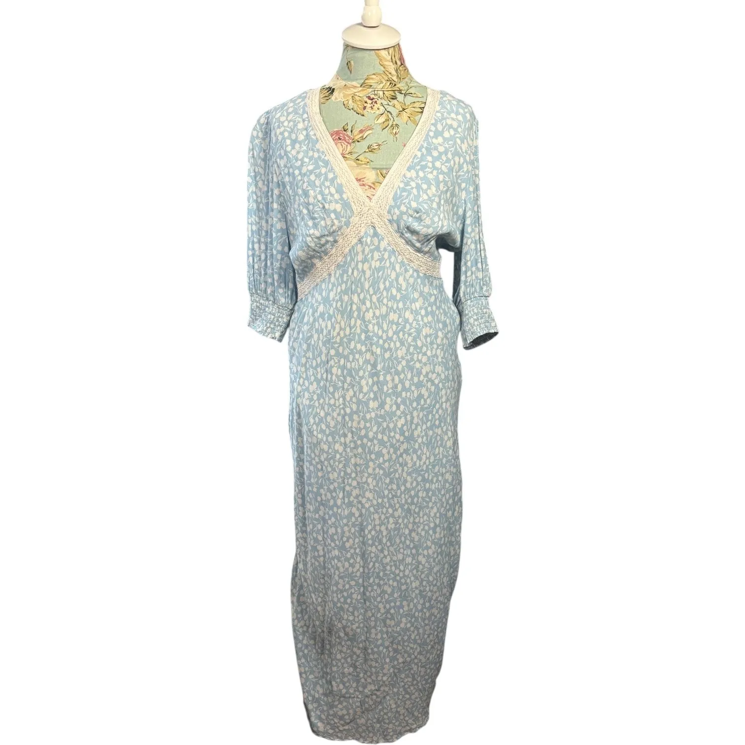 RIXO Blue Floral Puff Sleeve Lace Inset Swing Dress Maxi Dress sz 16 Cottagecore - Image 6
