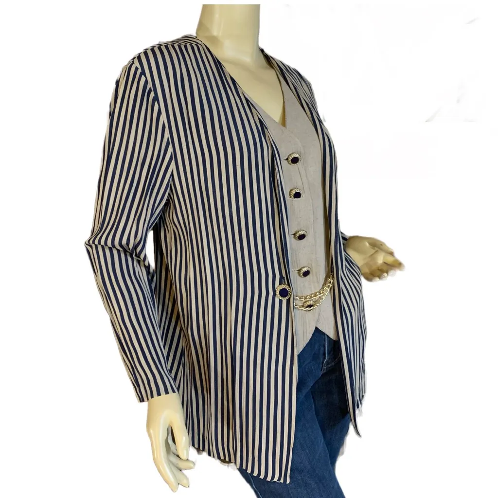 VINTAGE 1980'S DRESS SAVVY BLUE & BEIGE STRIPED BLAZER TOP (10P) - Image 5