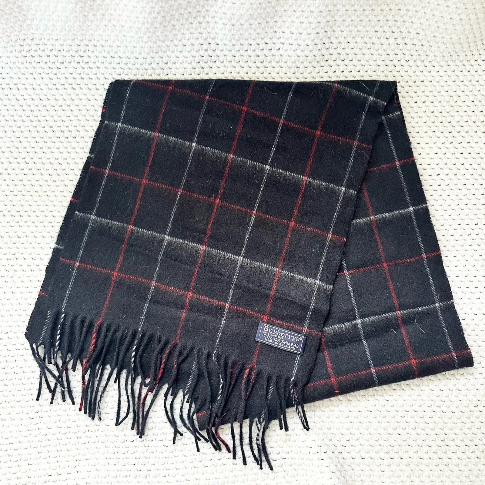 Burberry Vintage Blue Red White Nova Check Plaid Grid Cashmere Long Fringe Scarf - Image 5