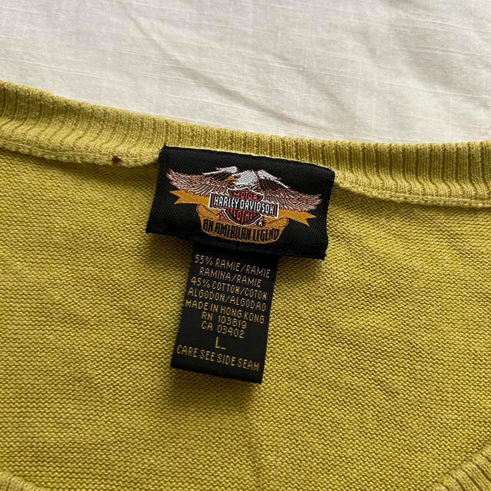 Y2K Harley Davidson greenish yellow and black knit logo intarsia sweater Size M - Image 3