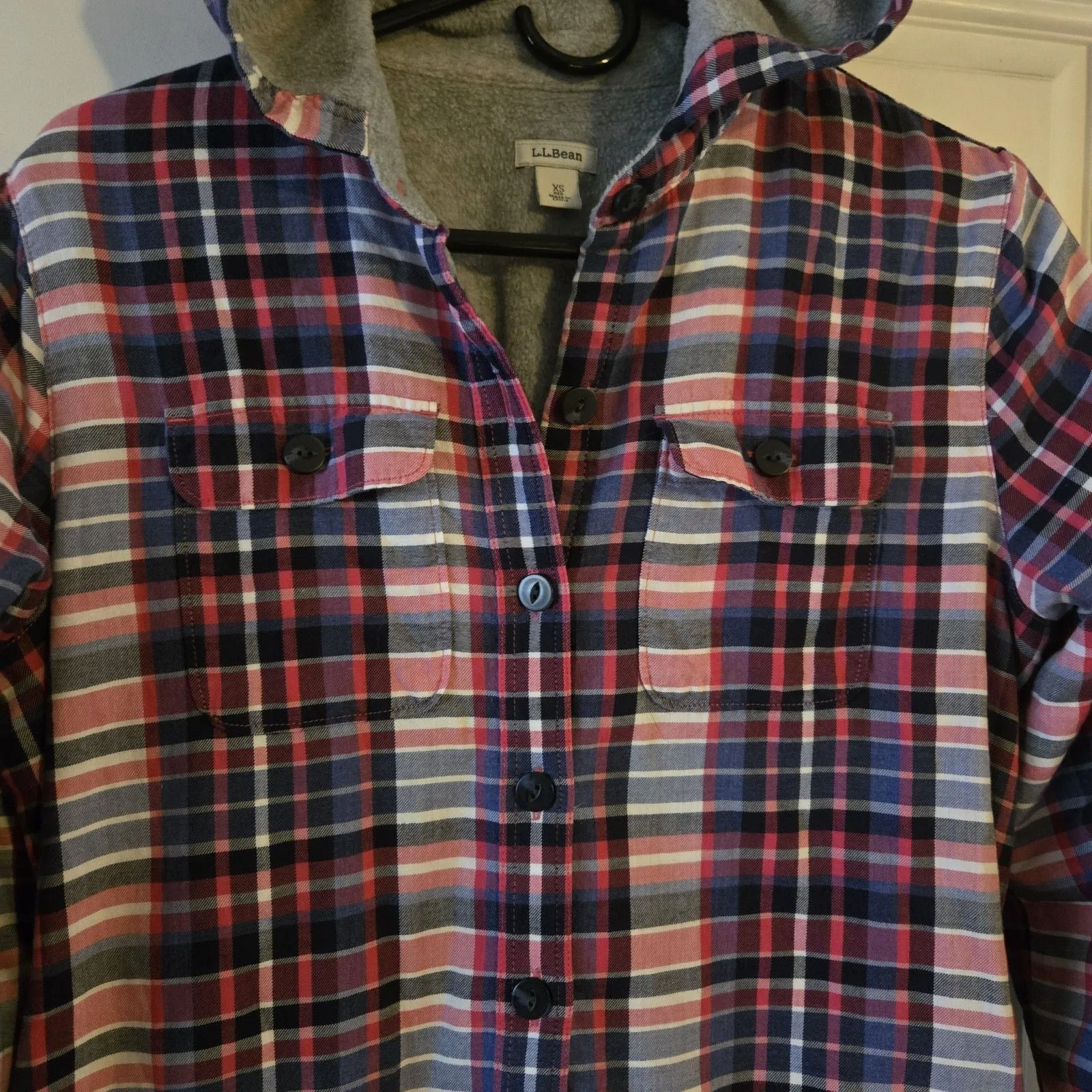 L.L. Bean XS Hooded Fleece Lined Plaid Flannel Shirt Jacket Cozy Outdoor Cottage Pink - Image 7