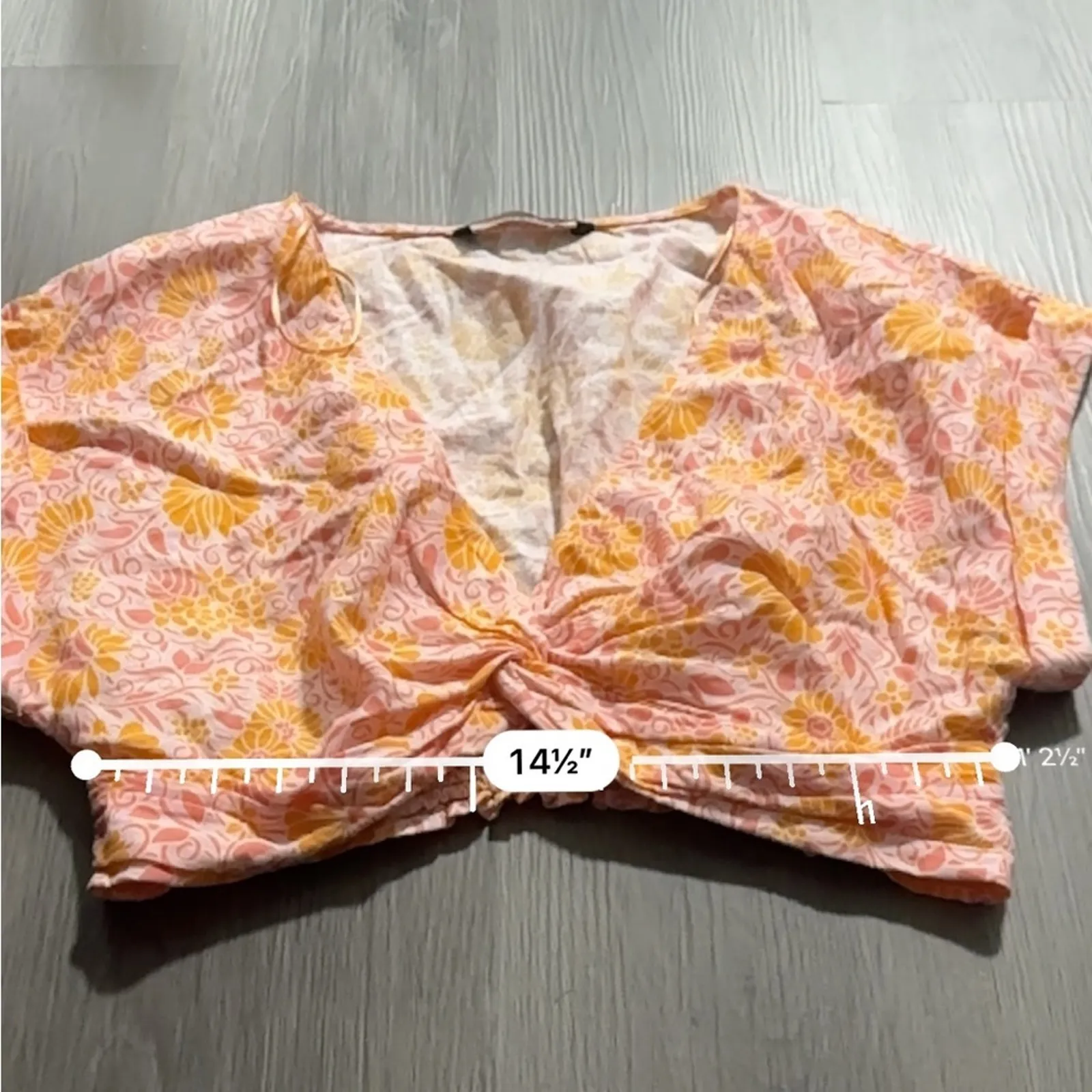 Zara Pink & Orange Bright‎ Floral Print Twist Front Short Sleeve Crop Top Size M - Image 4