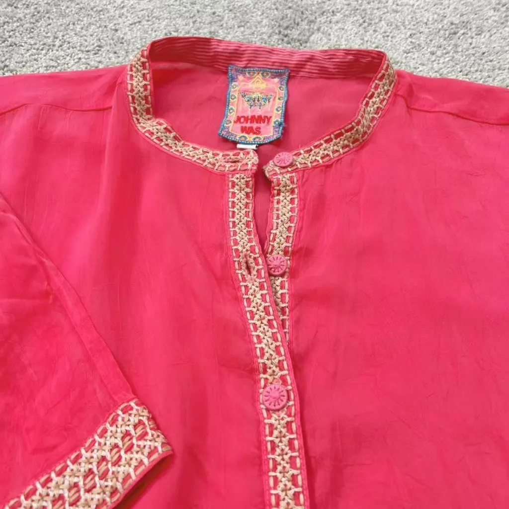 $328 NWOT Johnny Was AUDREY MANDARIN Floral Embroidered Blouse Top Size L Pink - Image 7