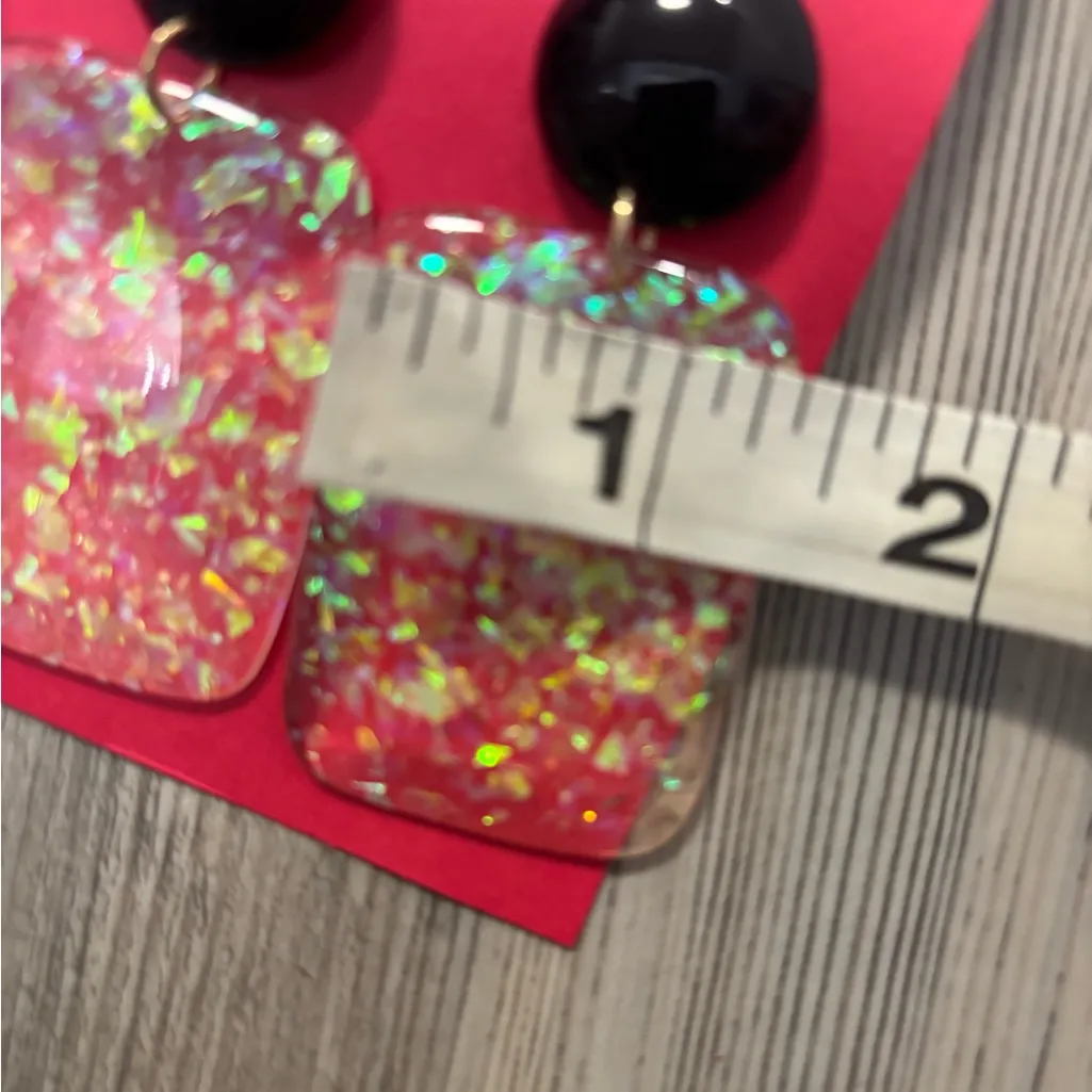 Handmade Resin Dangle Earrings Pink Opalescent Square Statement Black - Image 4