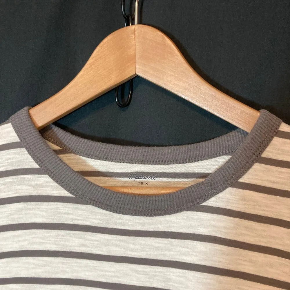 Madewell Cotton White Gray Striped Crew Neck Short Sleeve Tee T-Shirt Top - Image 3