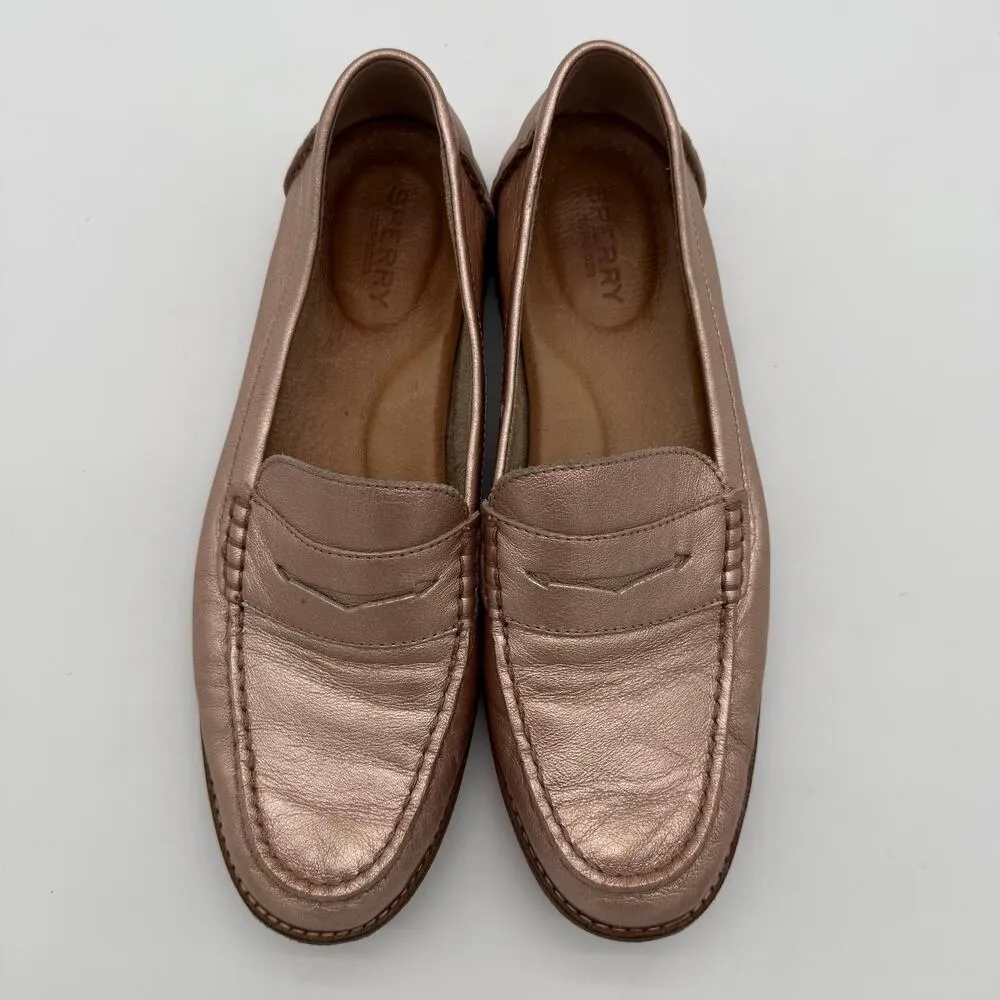 Sperry Seaport Penny Loafers Rose Gold Chrome Flats Leather Girly Boat Shoes 9 - Image 2