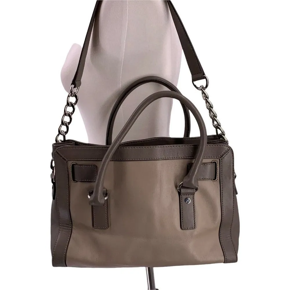 Michael Kors Taupe and Gray Leather Hamilton Silver Lock Satchel Large Handbag - Image 6