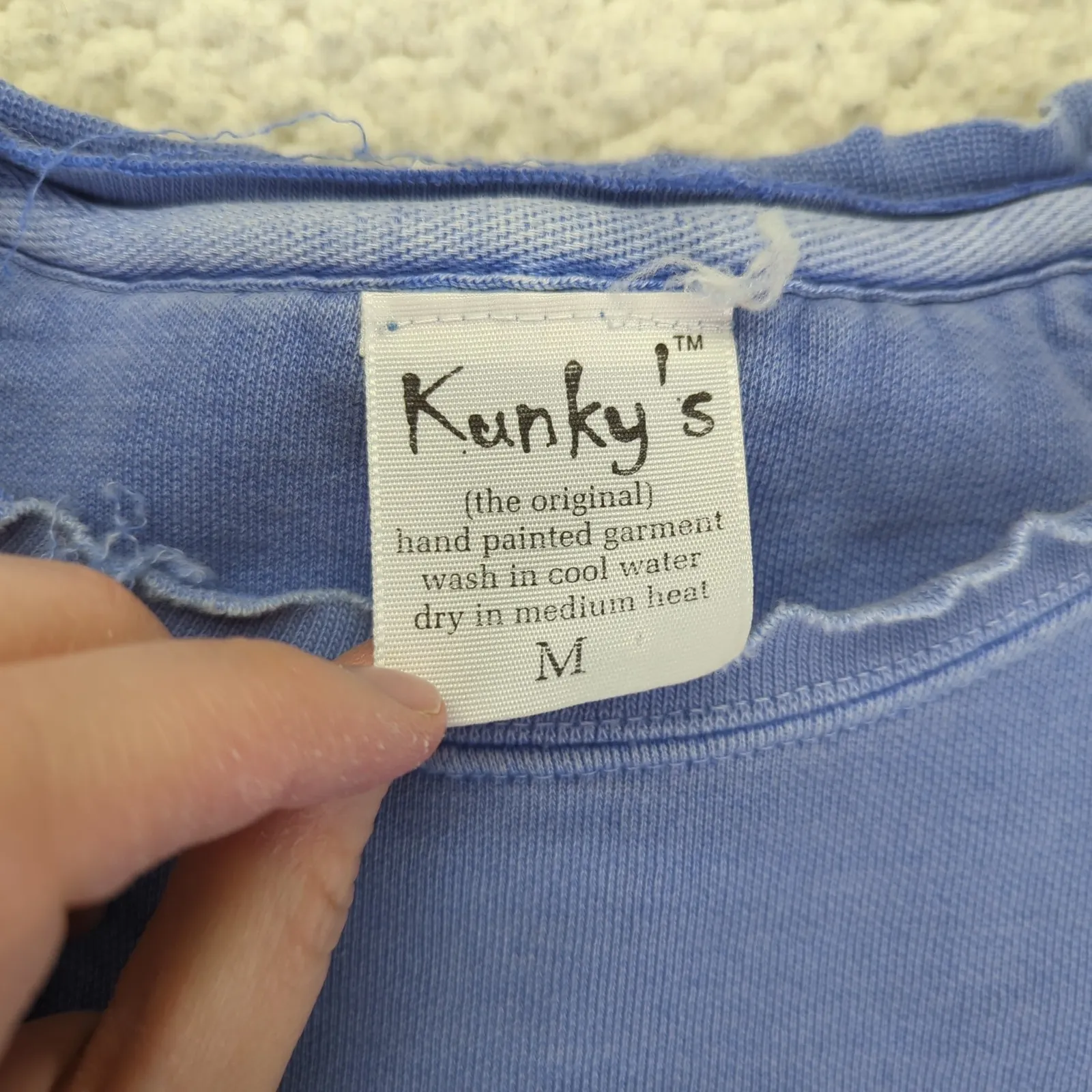 Kunkys Womens Blue Flower Hand Painted Sweatshirt Pullover Size Medium Quirky 3D - Image 6