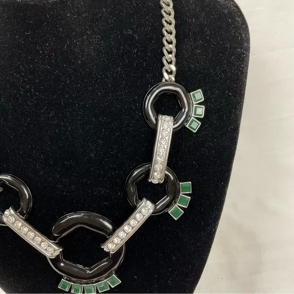 Banana Republic Statement Necklace Enamel Black Rings Green Stones Rhinestones - Image 2