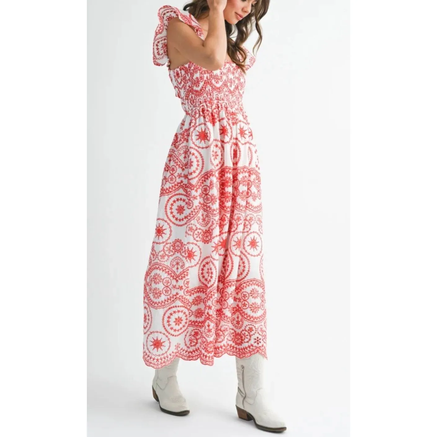 Ana & Rose NWT white and red embroidered eyelet midi smocked dress M Size M - Image 2