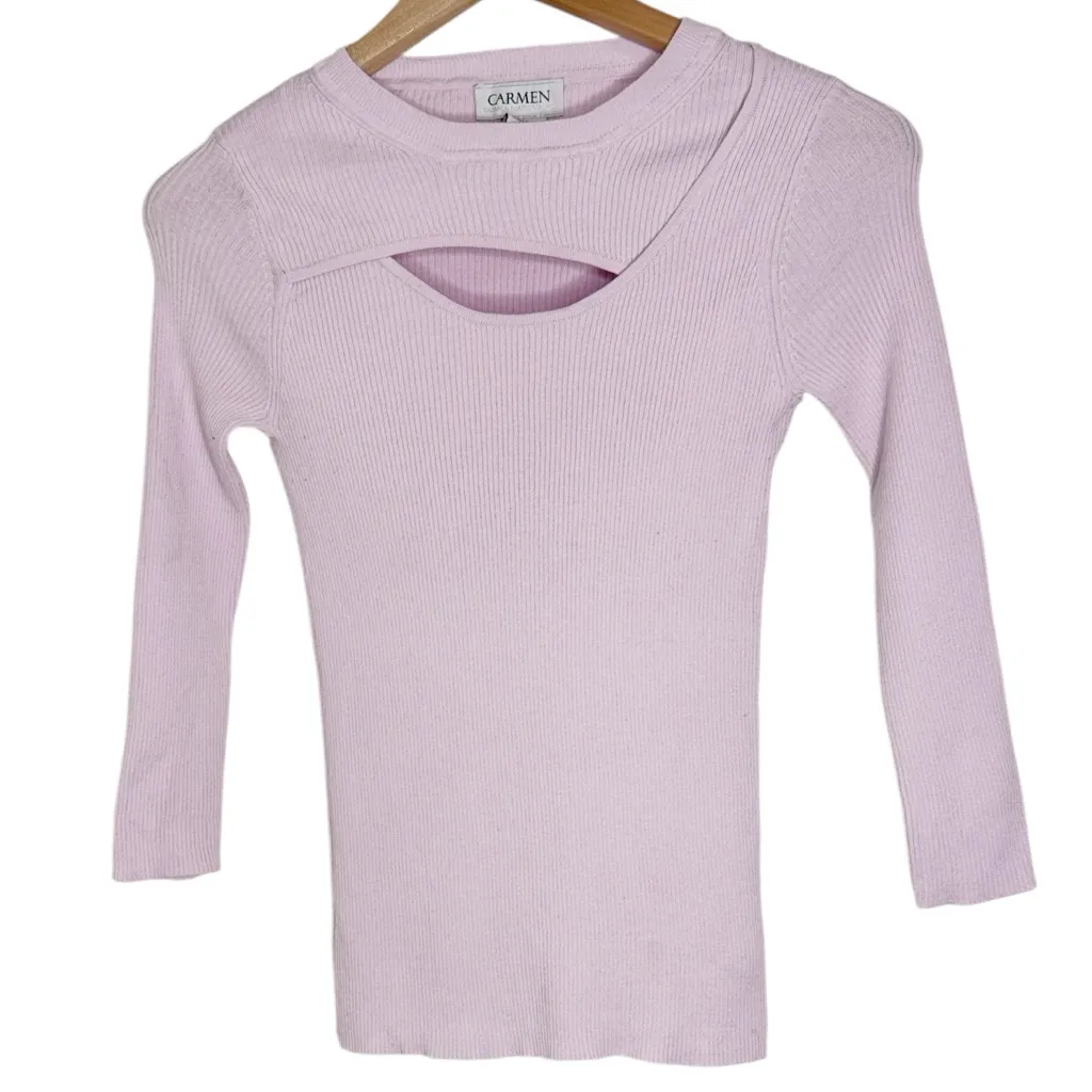 Carmen Marc Valvo Women’s 3/4 Sleeve Ribbed Cutout Front Lavender Knit Top sz S - Image 2