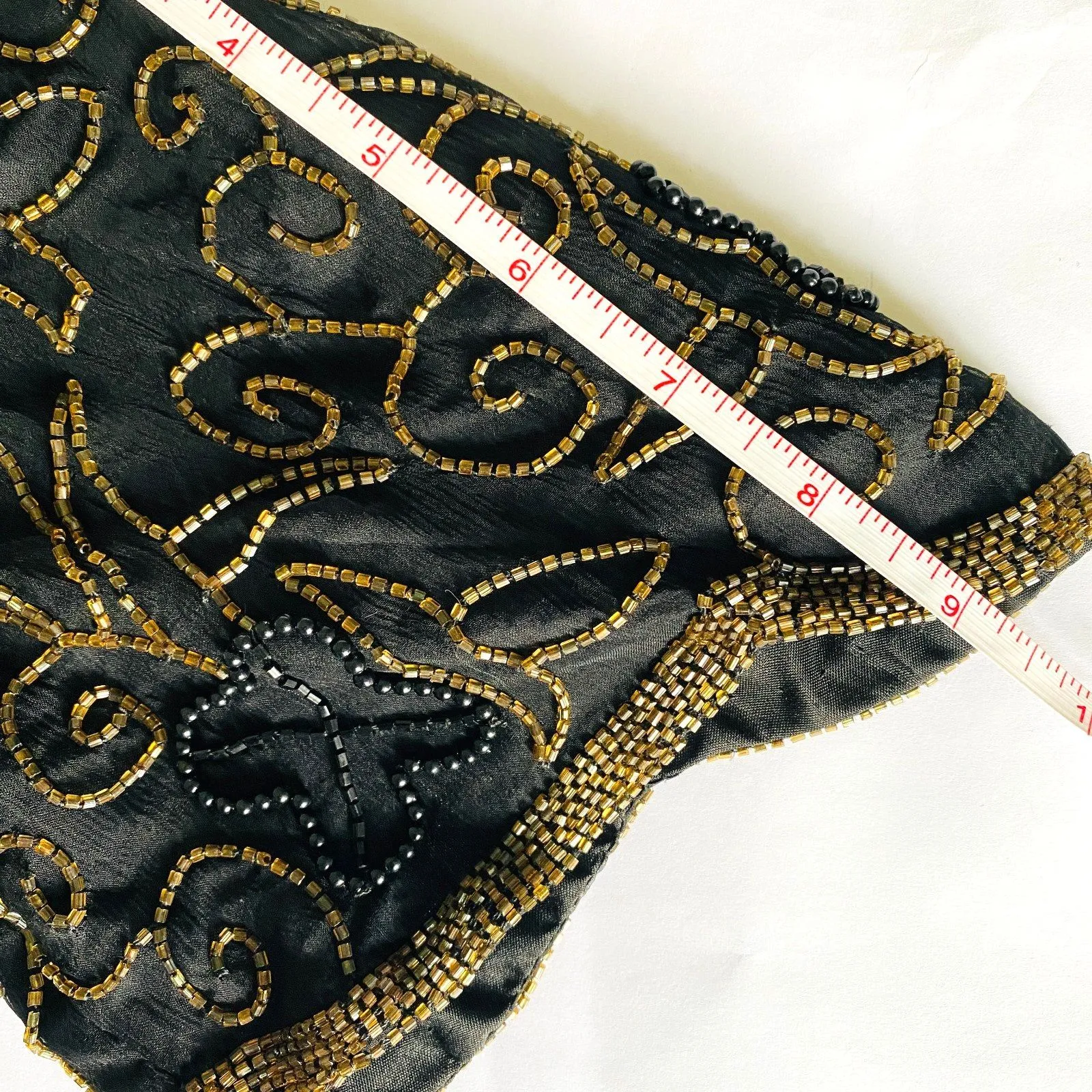 Vintage Denise Elle Beaded Silk Top Black Gold V Neck Crewneck Blouse Sz PS - Image 9