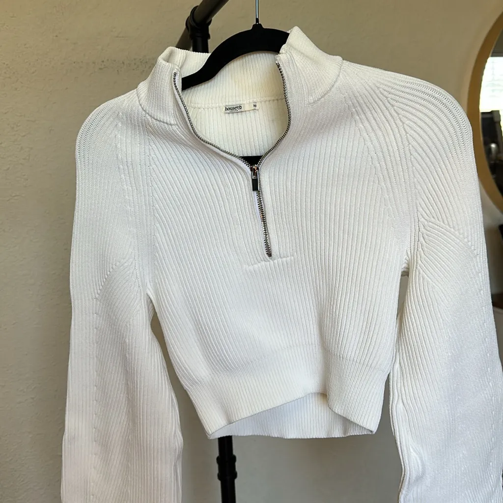 House of CB Reeva WHITE BALLOON SLEEVE RIBBED Cropped SWEATER‎ size XS - Image 5