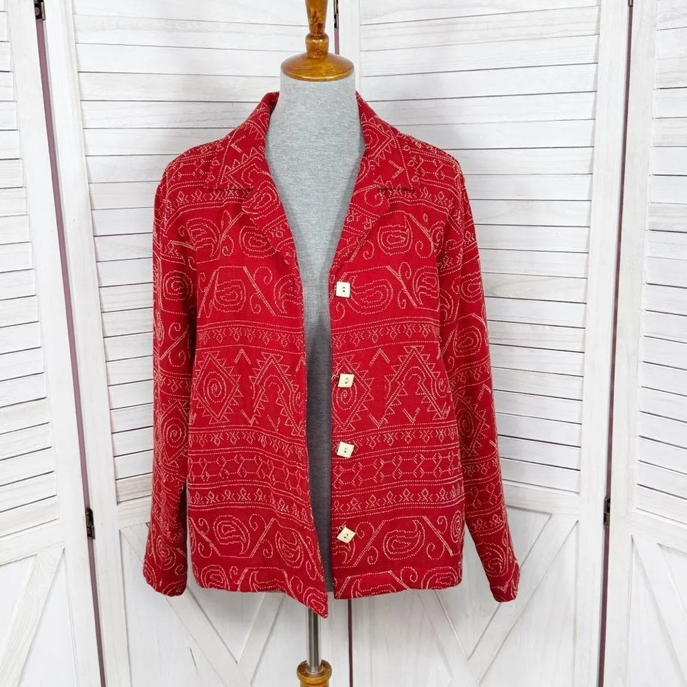 Coldwater Creek Geometric Fair Isle Embroidered Button Up Jacket Red Medium - Image 5