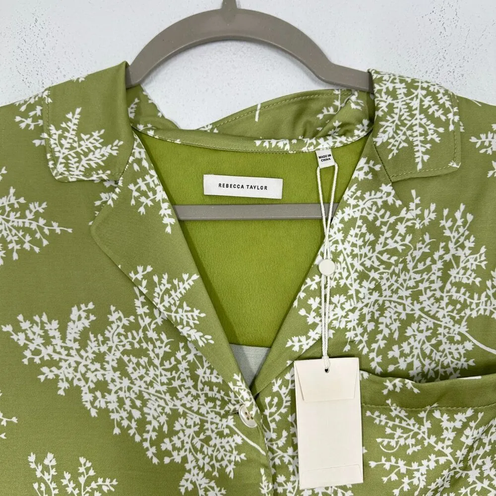 Rebecca Taylor Size Medium Green Satin Fleur Fern Floral Blouse Casual‎ Career - Image 4