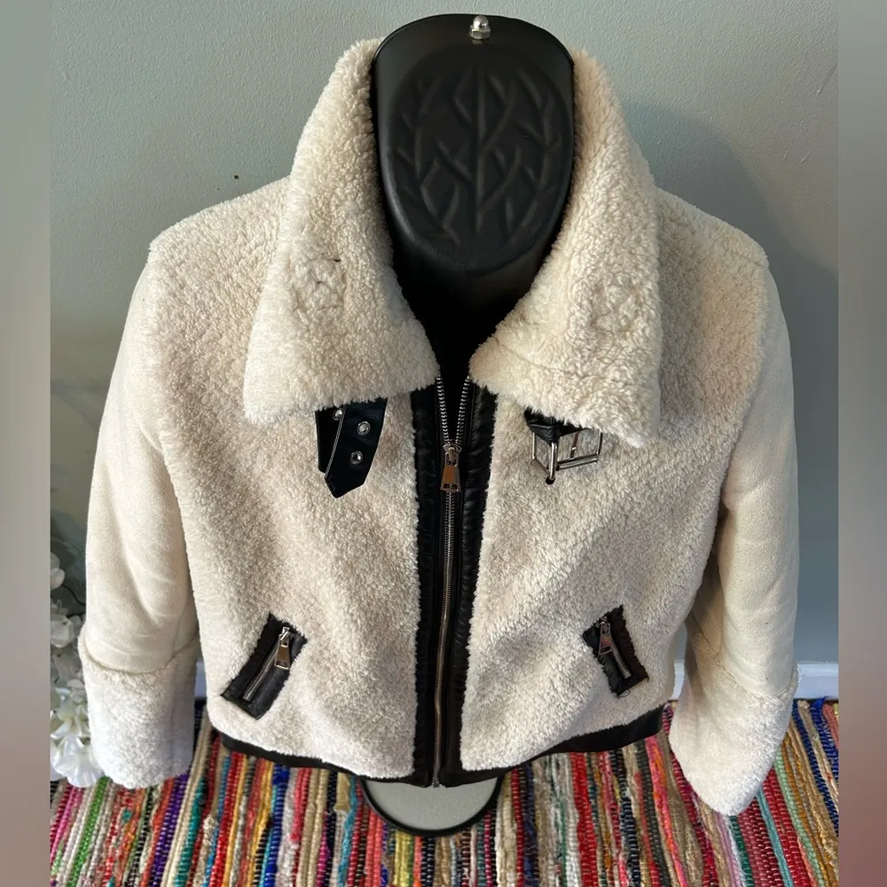 Solitaire Faux Suede Leather Teddy Coat Belt Buckles Full Zipper White Small - Image 3