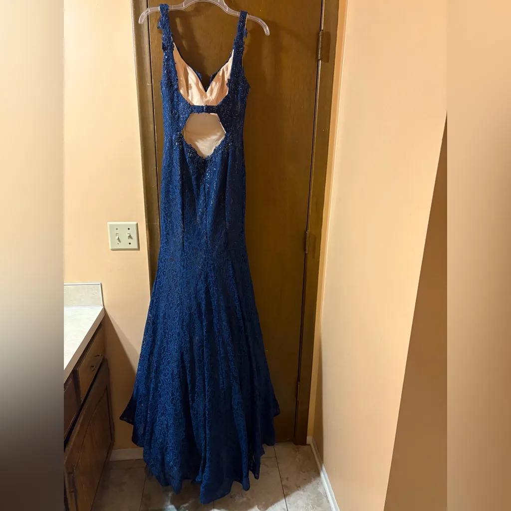 La Femme 23413 Blue Lace Jeweled Mermaid Gown - Image 6