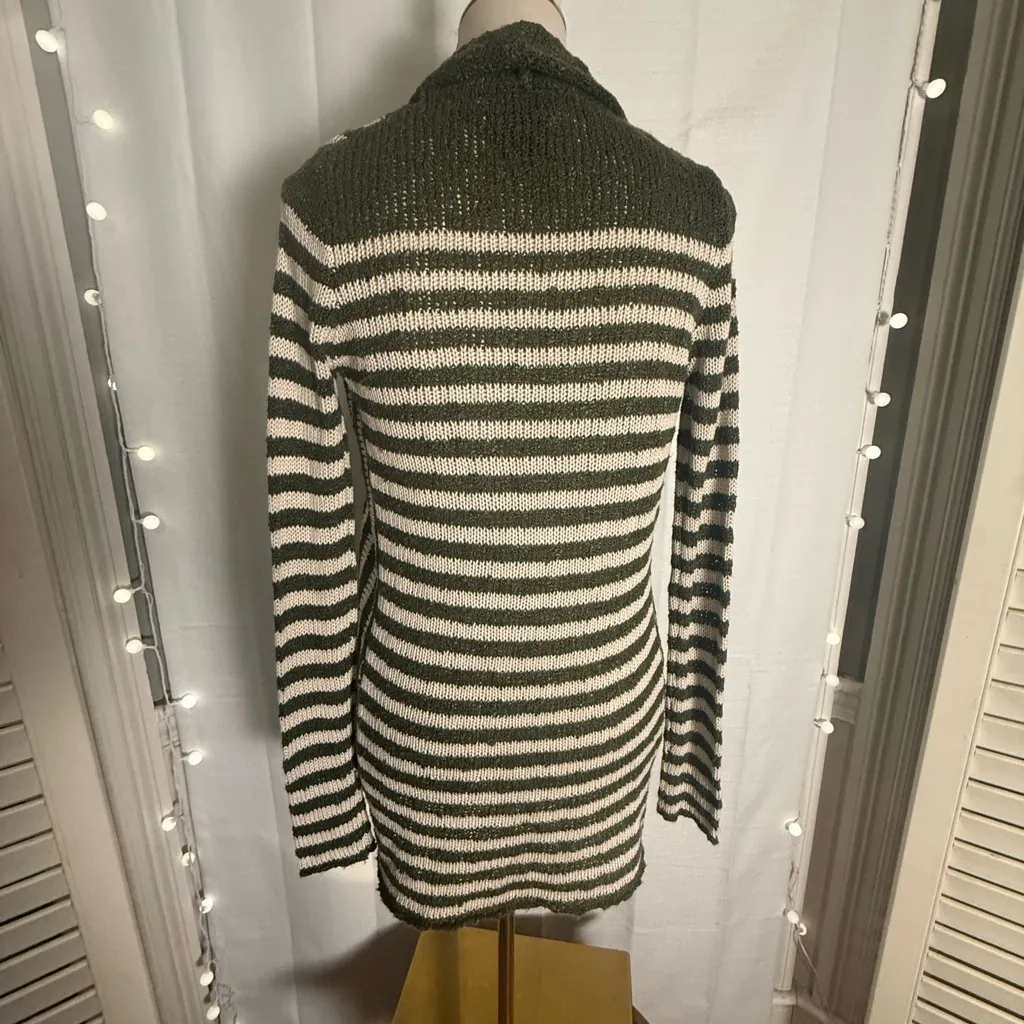 Wet Seal Green Cream Striped Open Front Knit Cardigan Sweater Small - Image 3
