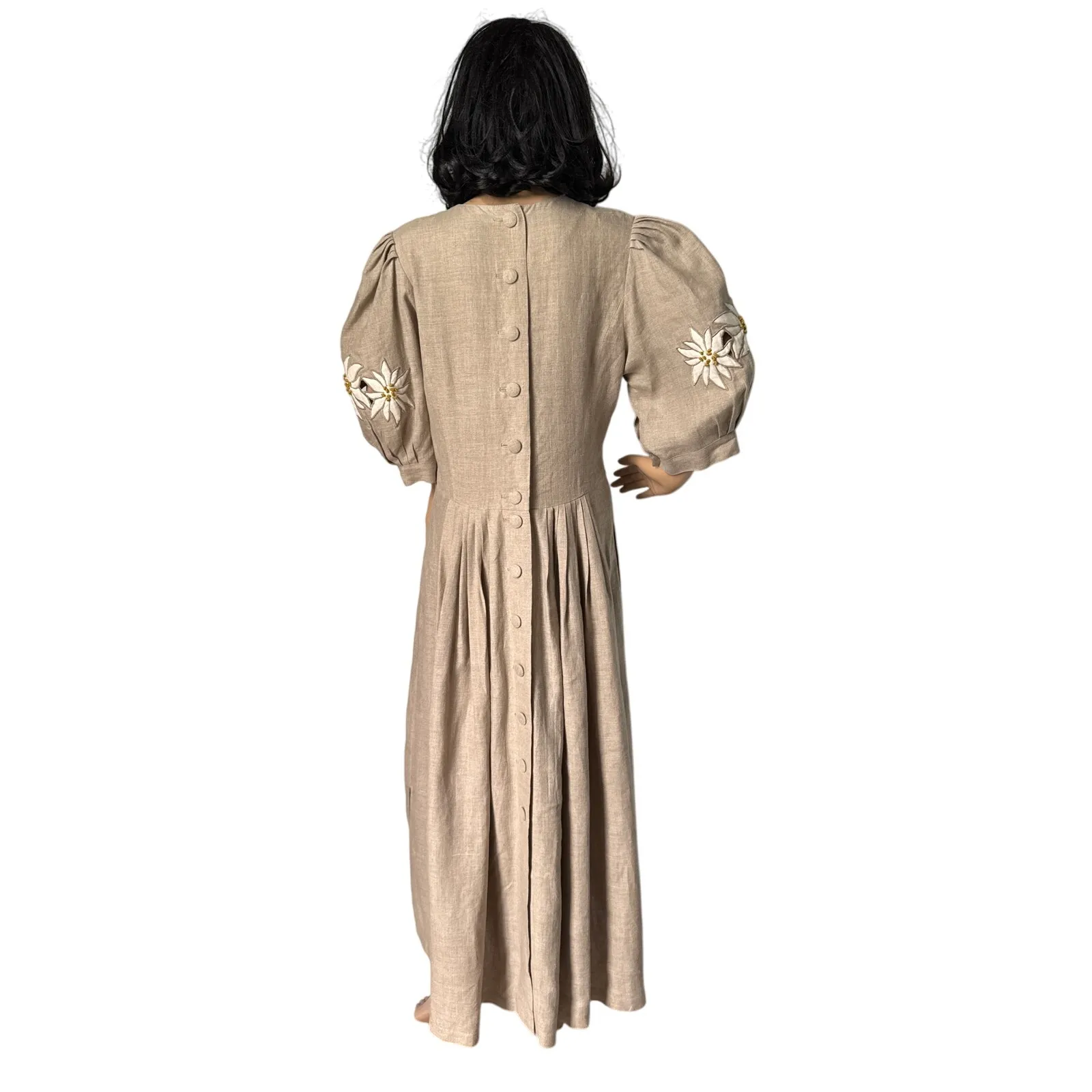 Retro Linen Midi Dress with Floral Appliqué and Puff Sleeve Detail Medium Tan - Image 5