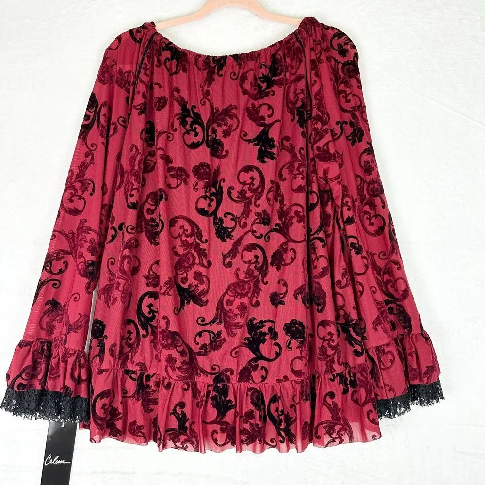 Calessa Velvet Mesh Long Sleeve Blouse Size XL NWT Crimson Crochet Flare Sleeve Red - Image 2