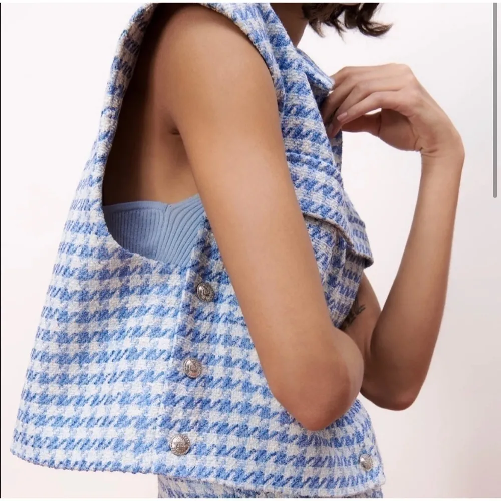 Zara Blue White Tweed Houndstooth Cropped Vest Jacket Size Large - Image 2