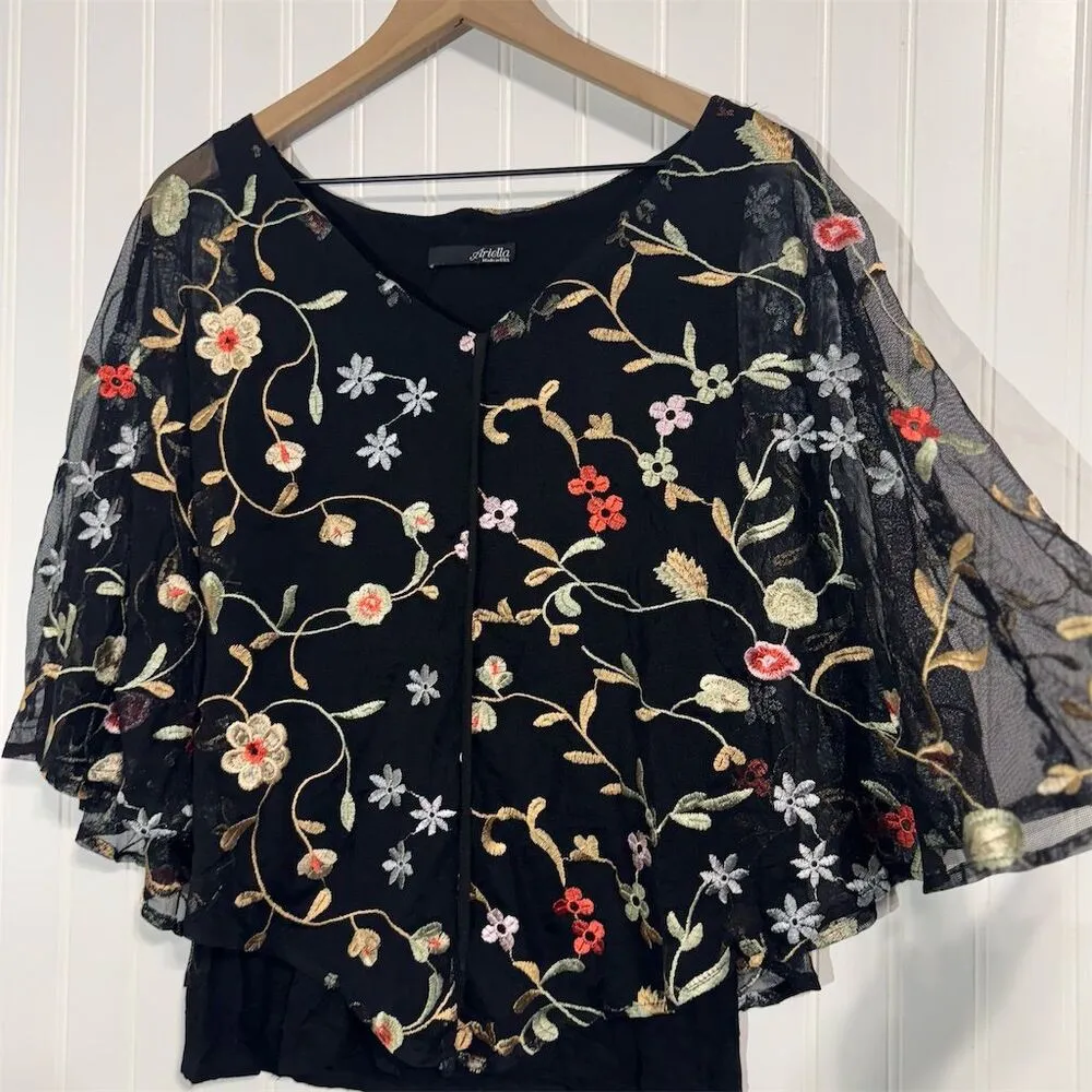 Ariella‎ Mesh Embroidered Floral Overlay Top Cape Sleeve Made in USA Size M - Image 3