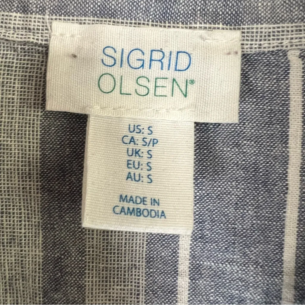 Sigrid Olsen Linen Cotton Blue Striped Popover Short Sleeve Top Sz Small Boho - Image 5