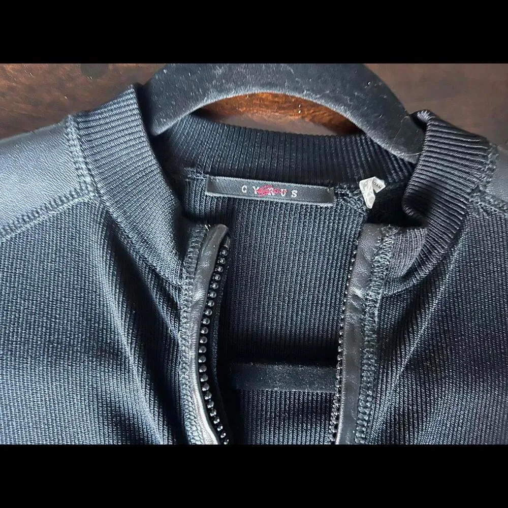 Cyrus Black Knit Zip-up Sweater with Faux  Leather Trim - Image 3