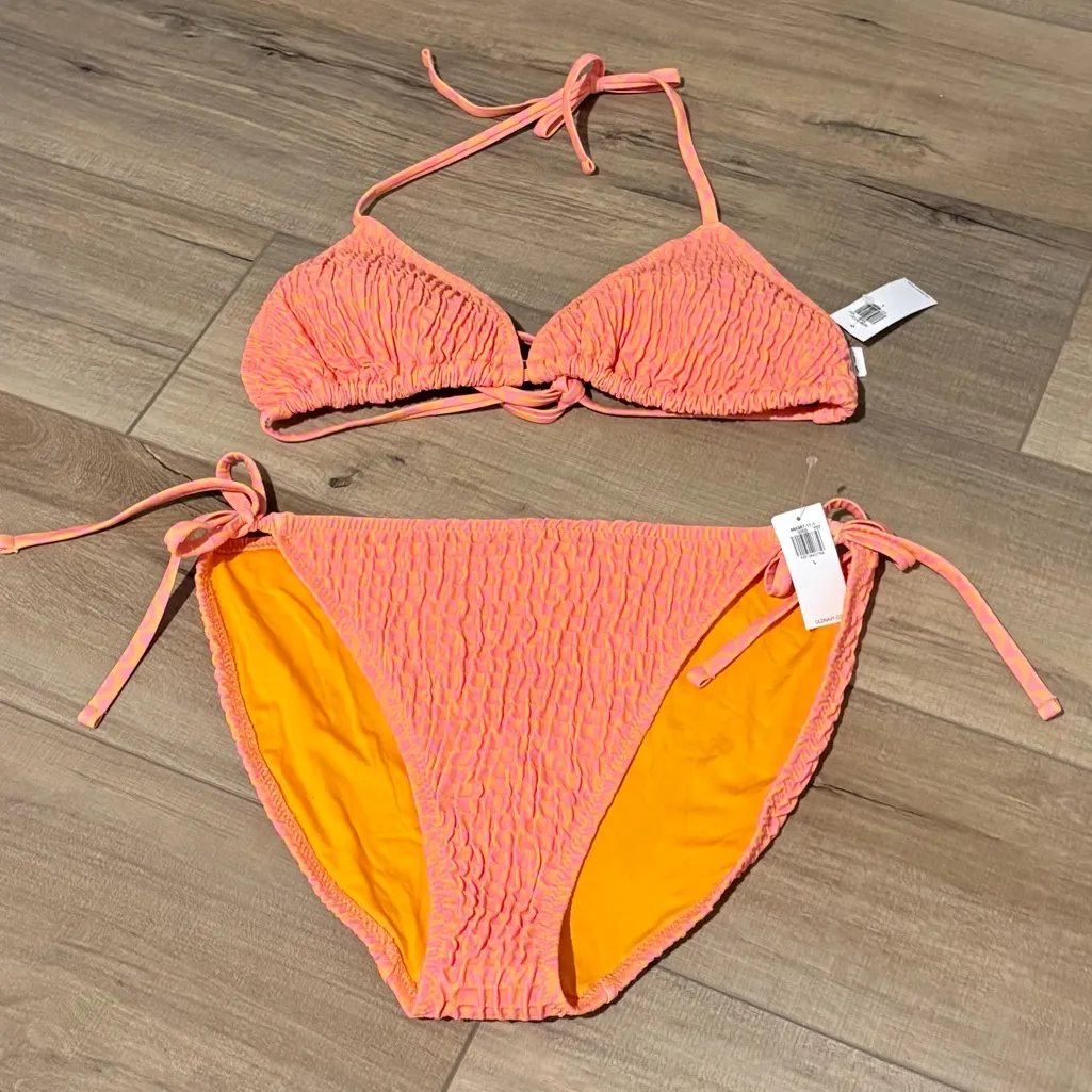 Old Navy Textured Smocked String Bikini Set Vibrant Orange‎ Pink Size Large - Image 3
