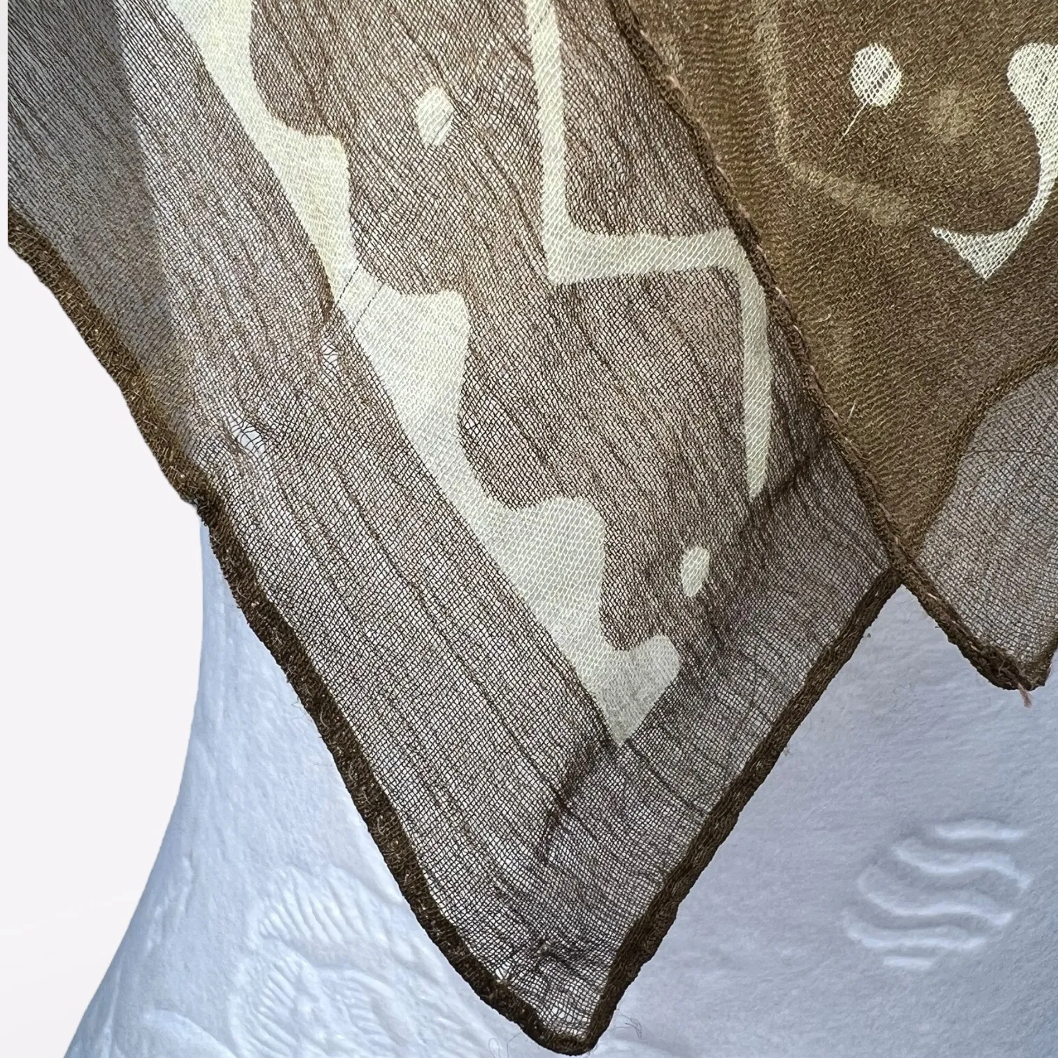 Vintage Sheer Square Scarf Khaki Green Batik Print Oversized Shawl Wrap Multiple - Image 8