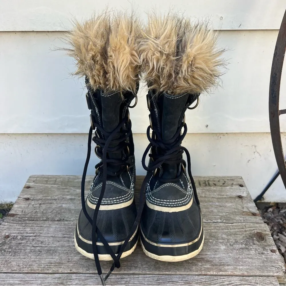 Sorel Joan of Arc Black Furry Snow Winter Lace Up Boots NL1540-010 Size 6 - Image 2