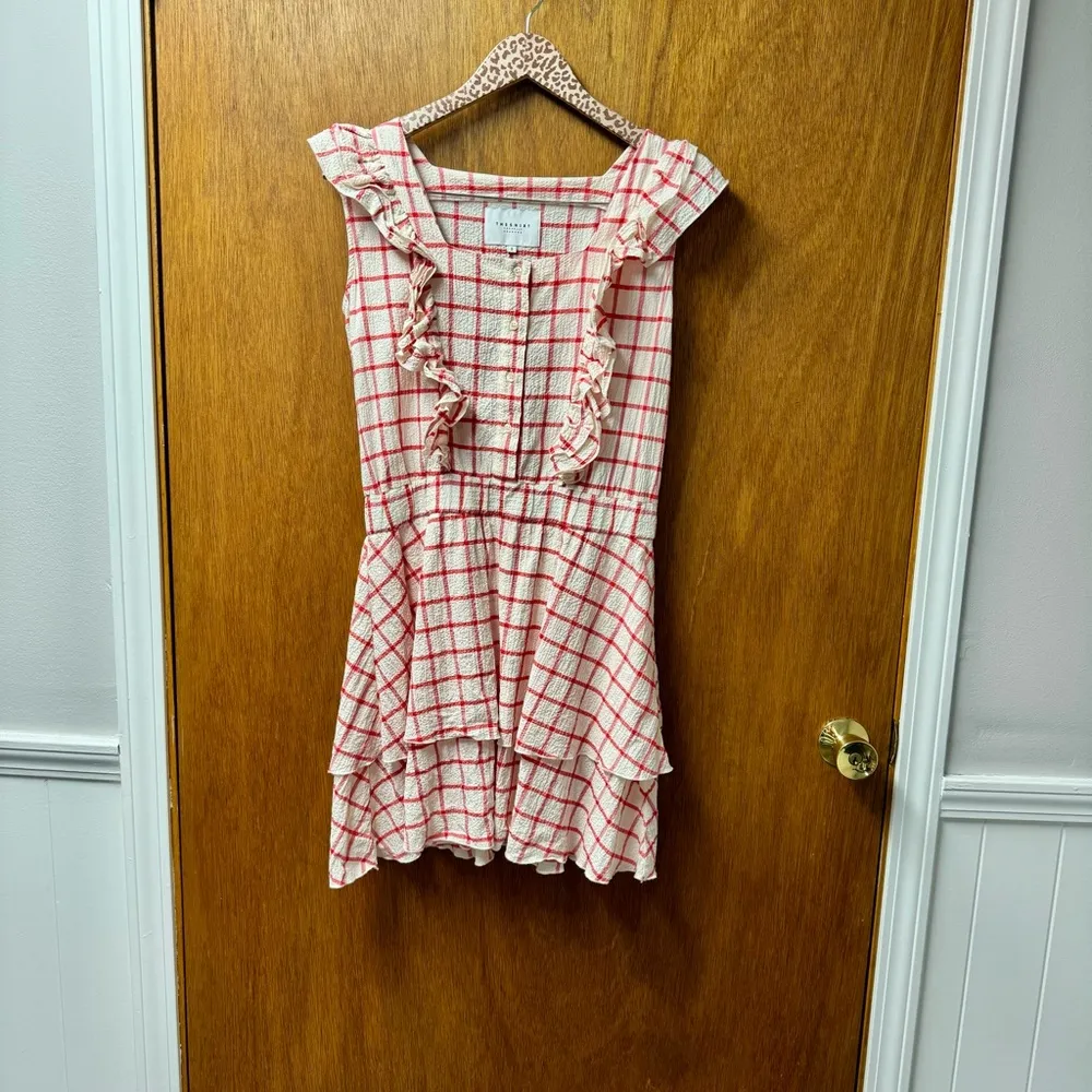 The Shirt by Rochelle Behrens Sleeveless Ruffled Windowpane Plaid Dress Small S Red - Image 12