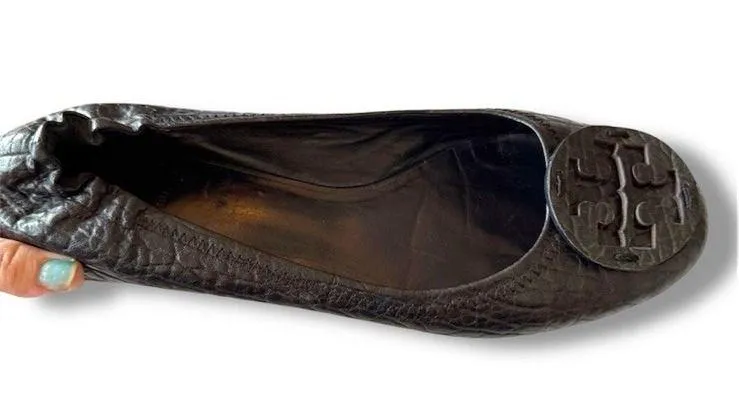 Tory Burch Reva Ballet Flat Matte Black Croc Embossed Leather Logo Size 8 Womens - Image 2