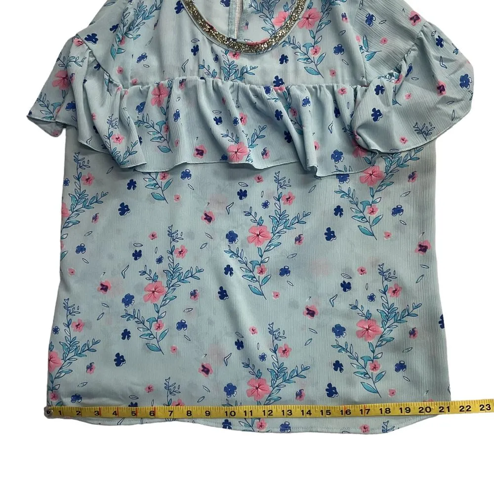 Juicy Couture Blue Floral Ruffle Rhinestone Jewel Neck Blouse Size M‎ Vintage - Image 9
