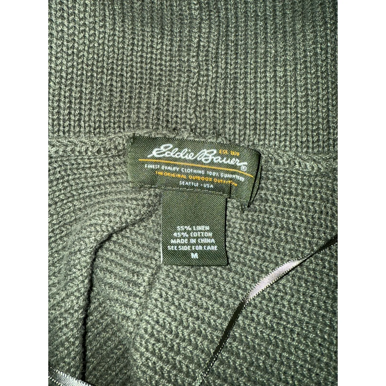 Vtg Eddie Bauer Olive Green Linen Cotton Short-sleeve Open Cardigan Sweater M - Image 3