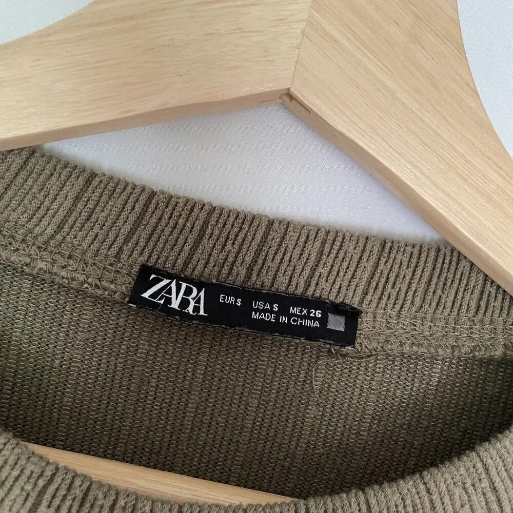 Zara cropped sweater crewneck cinched waist ruffle detail casual comfortable S - Image 4