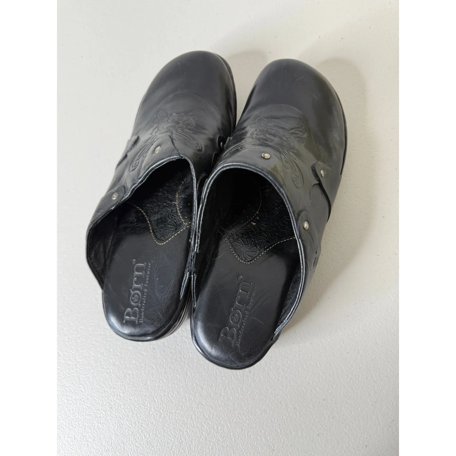 Women's Born Black Tooled Leather Y2K Boho Western Clogs Mules Heels Shoes 10/42 - Image 16