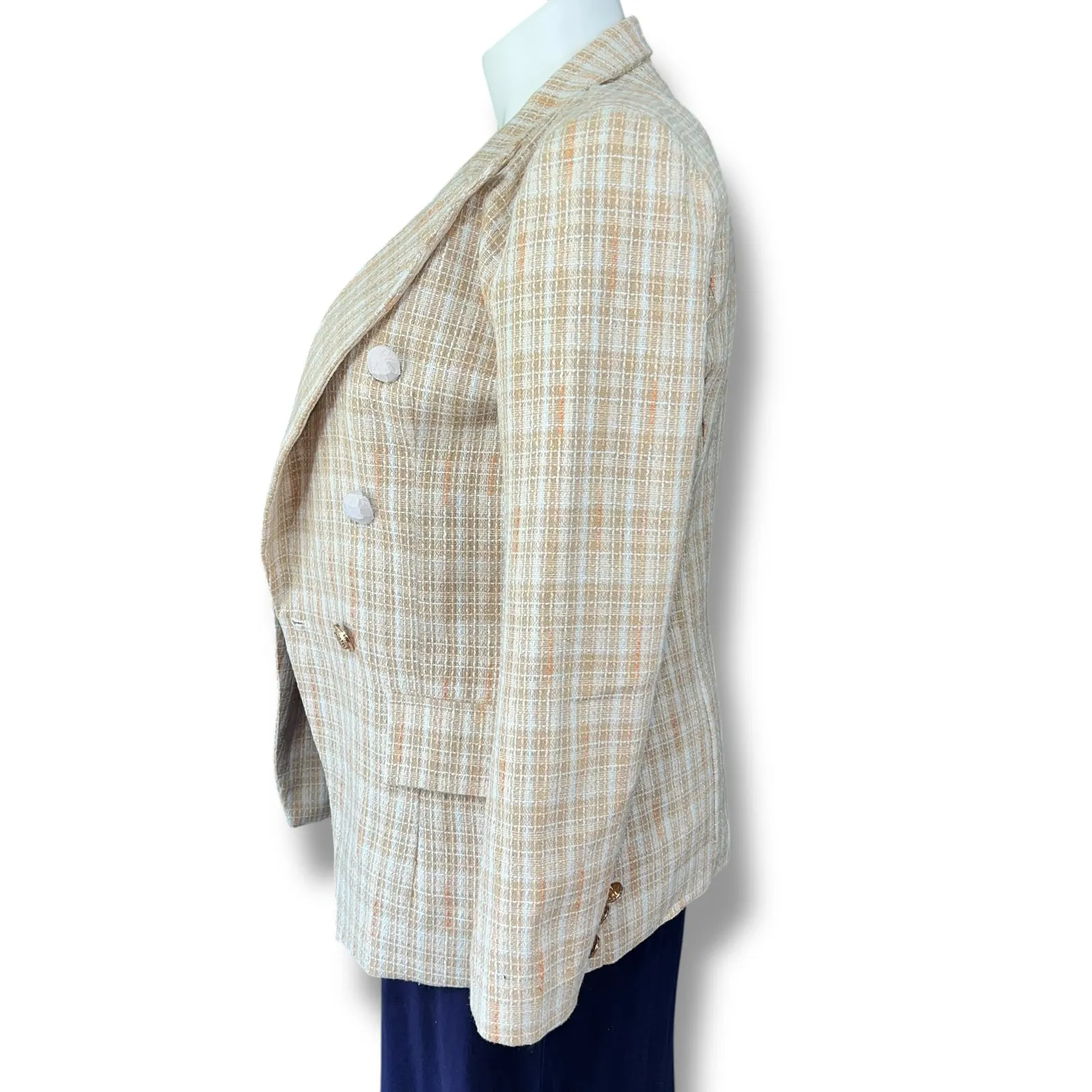 Attitude Unknown Womens Tweed Blazer Suit Jacket Khaki White Plaid Large Tan - Image 7