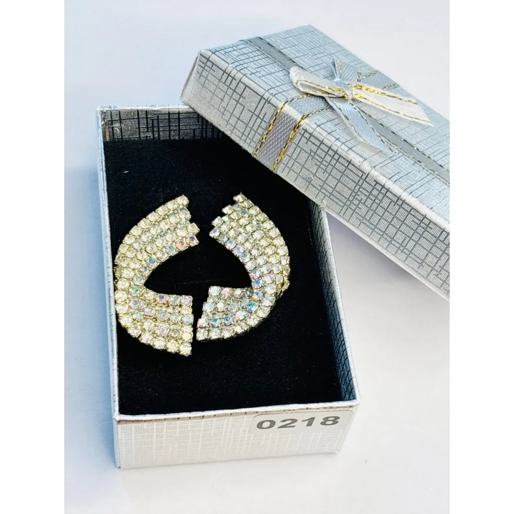 Vintage Rhinestone Statement Earrings Silver Tone Fan Shape Clip - Image 8