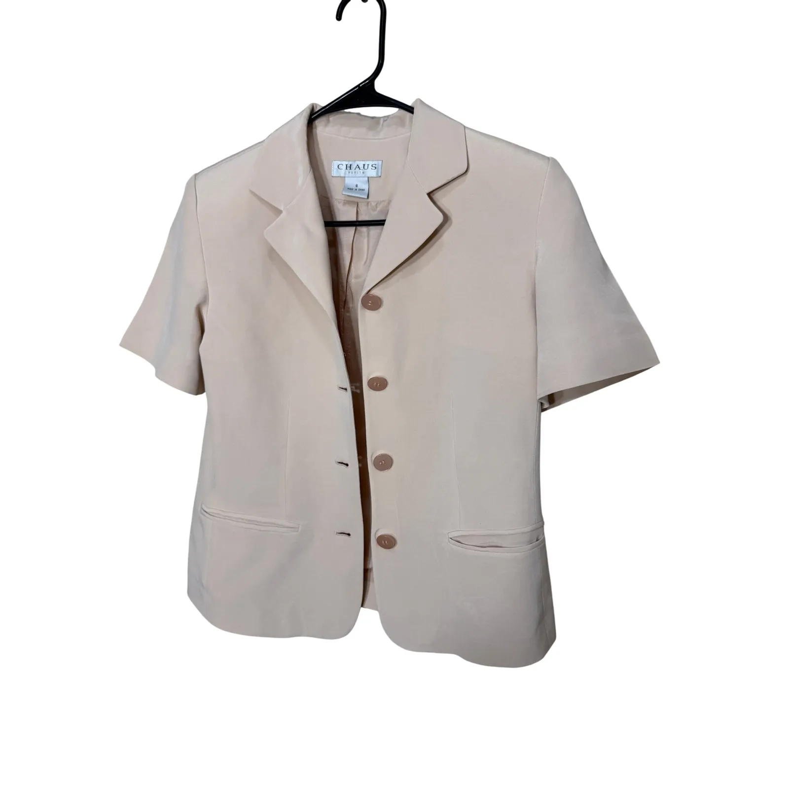 Vintage CHAUS Petite Light Pink Silk Short Sleeve Blazer Skirt Suit Set Size 8 - Image 2