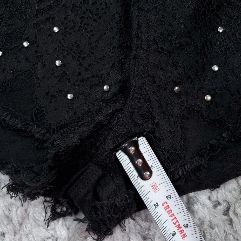 READ Punk Rave Studded Lace Overlay Black High Rise Denim Jean Shorts Cutoff Size undefined - Image 11