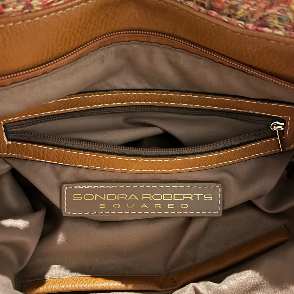 Sondra Roberts Squared Stylish Tweed Tote Bag - Multicolor | Brown Leather Purse - Image 4