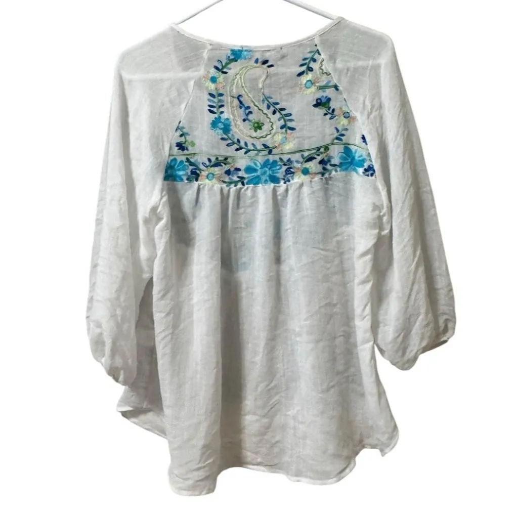 Anthropologie Olive Hill Embroidered Boho Peasant Floral‎ Tunic Top Sz Small NWT White - Image 2