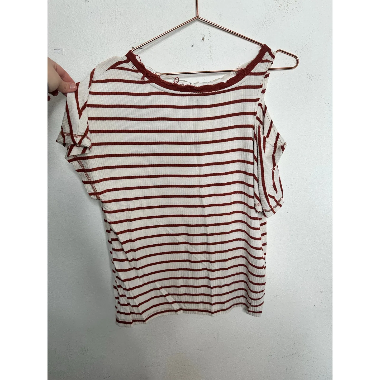 SANCTUARY Brown White One Cold Shoulder Striped Short Sleeve V Neck Shirt sz S - Image 5