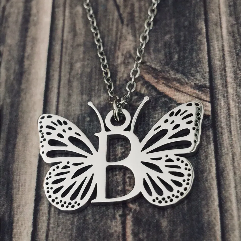 Letter B Initial Butterfly Necklace Silver - Image 4