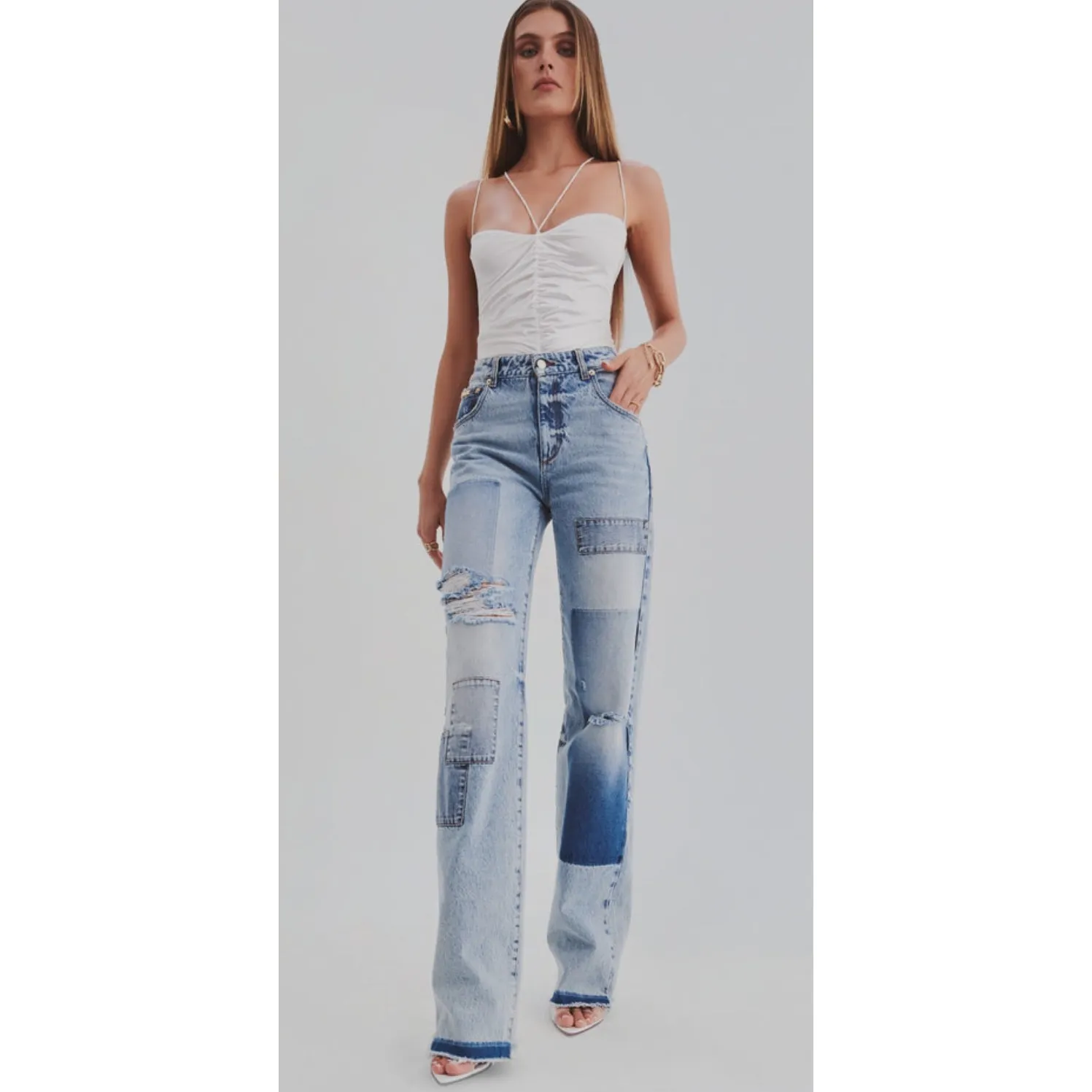 NWT SER.O.YA Heidi Straight Leg‎ Patch Jean Sz 25 $370 Blue - Image 3