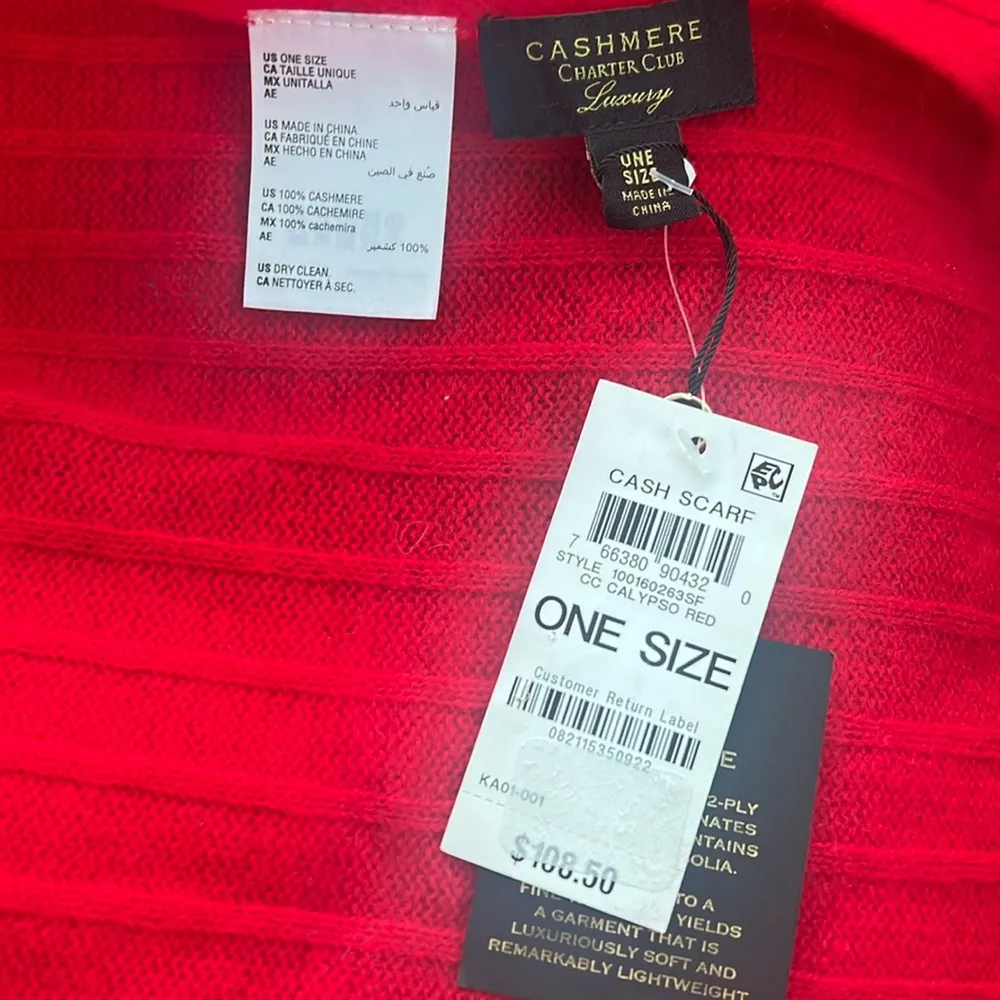 Charter Club Luxury 100% Cashmere Ribbed Scarf in Calypso Red New w/Tag $108.50 - Image 2