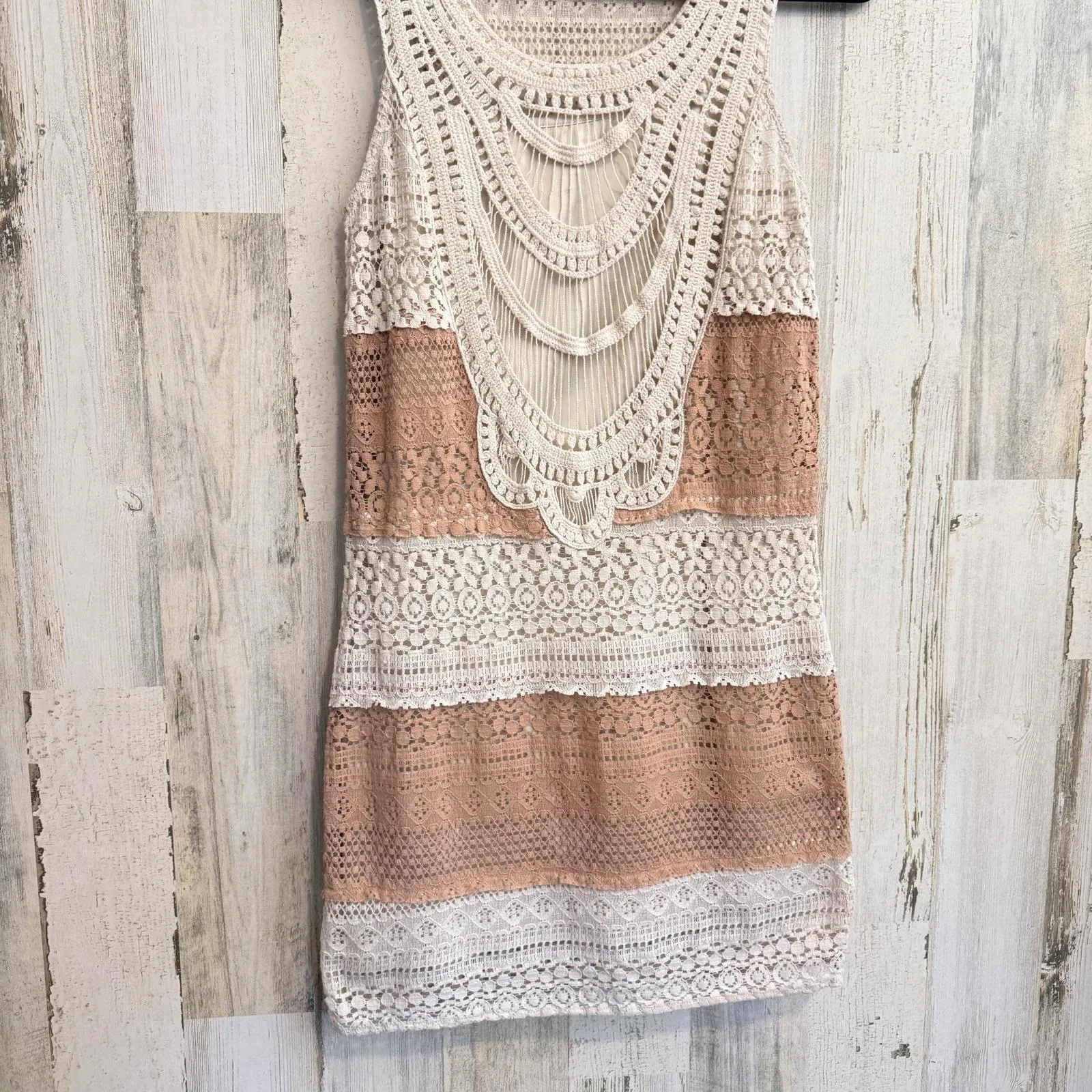 C. Luce Boho Crochet Lace Dress Small Ivory Taupe Colorblock Sleeveless Festival - Image 2